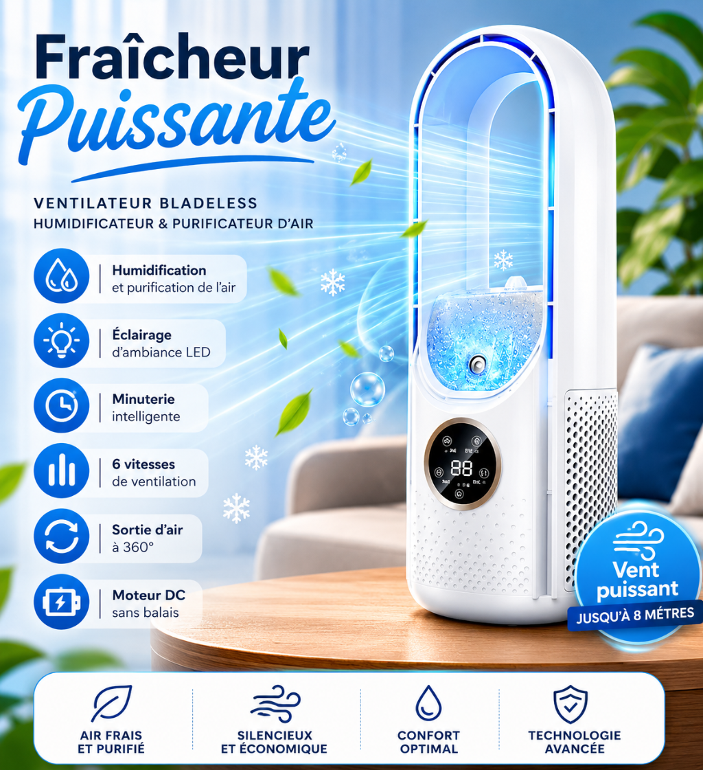 Bladeless fan with humidifier and purifier features on a blue background